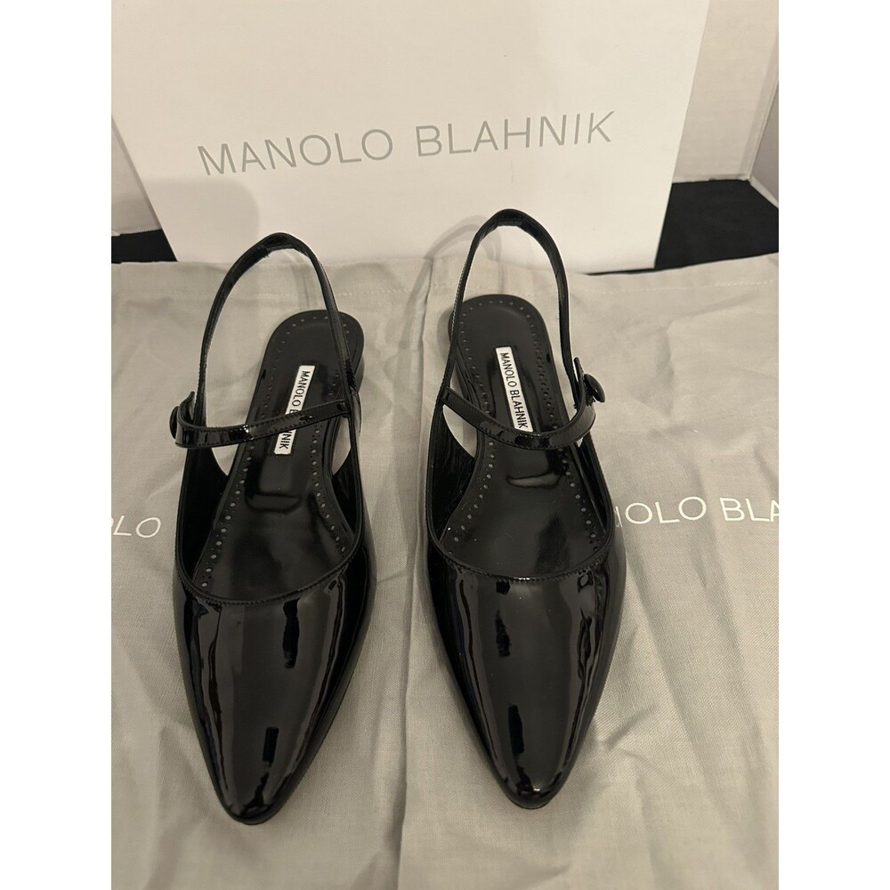 Manolo Blahnik Didionflat Black Patent Leather Slingback Flats EU 38 US 8 - NIB